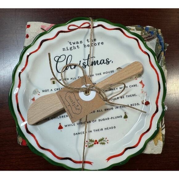 NIB 6 1/2" Stoneware Appetizer Plate 5 1/2" Wood Spreader Flour Sack Hand Towel - Picture 1 of 6
